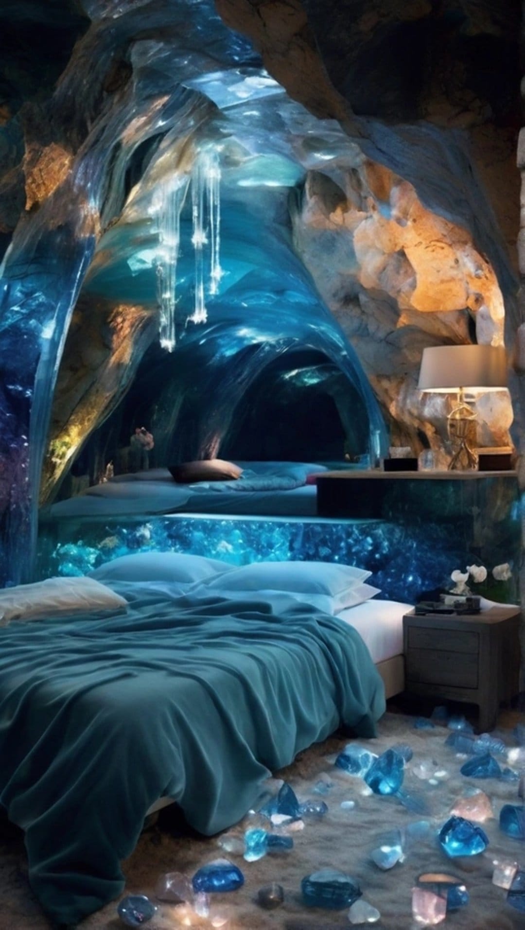 Beds nestled inside a glowing blue crystal cave with bioluminescent stalactites and scattered gemstones.