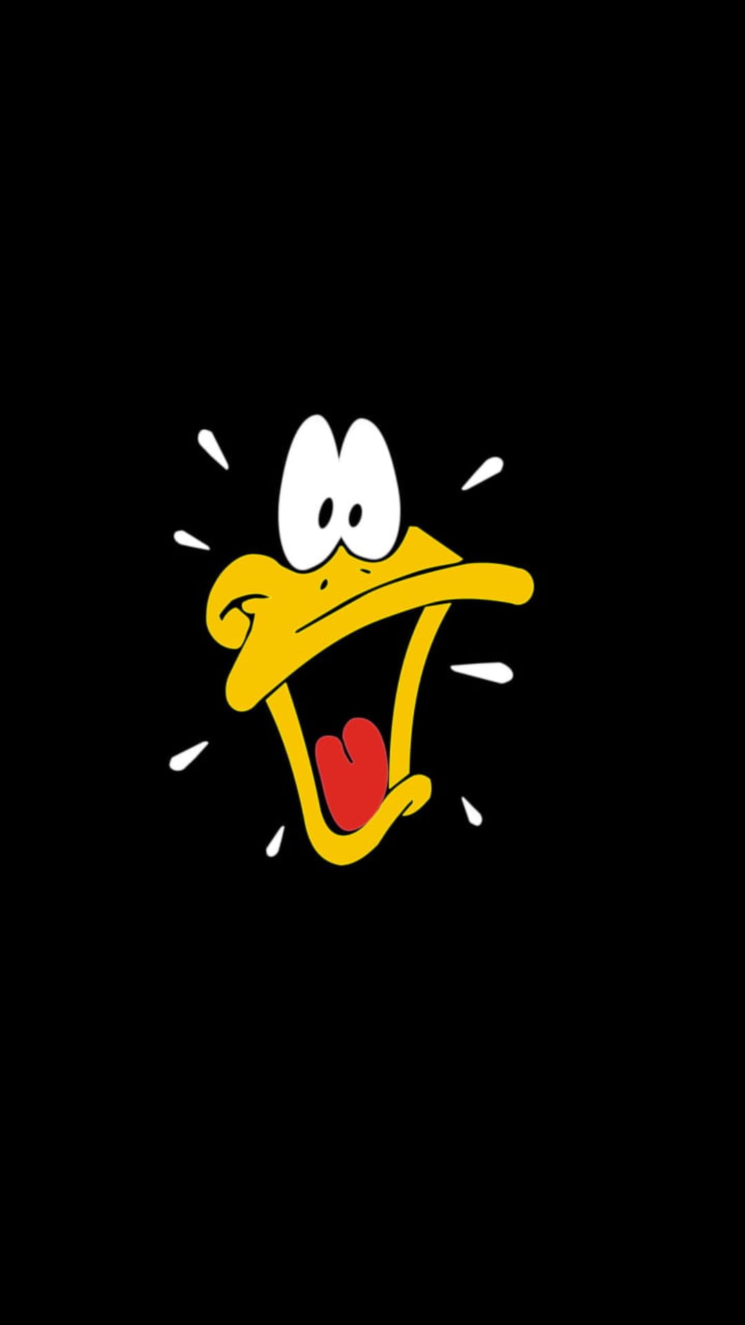 Daffy Duck’s wide eyes and gaping red mouth contrast against a solid black backdrop in a vertical composition.