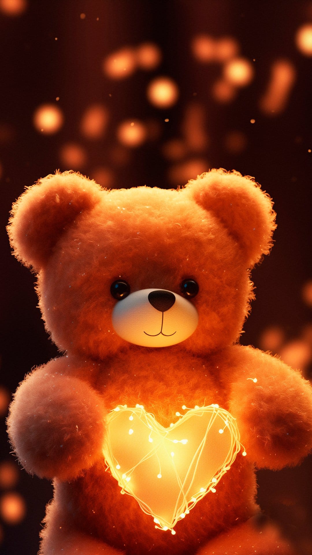 Fluffy orange teddy bear cradles a glowing heart made of fairy lights against a warm bokeh background.