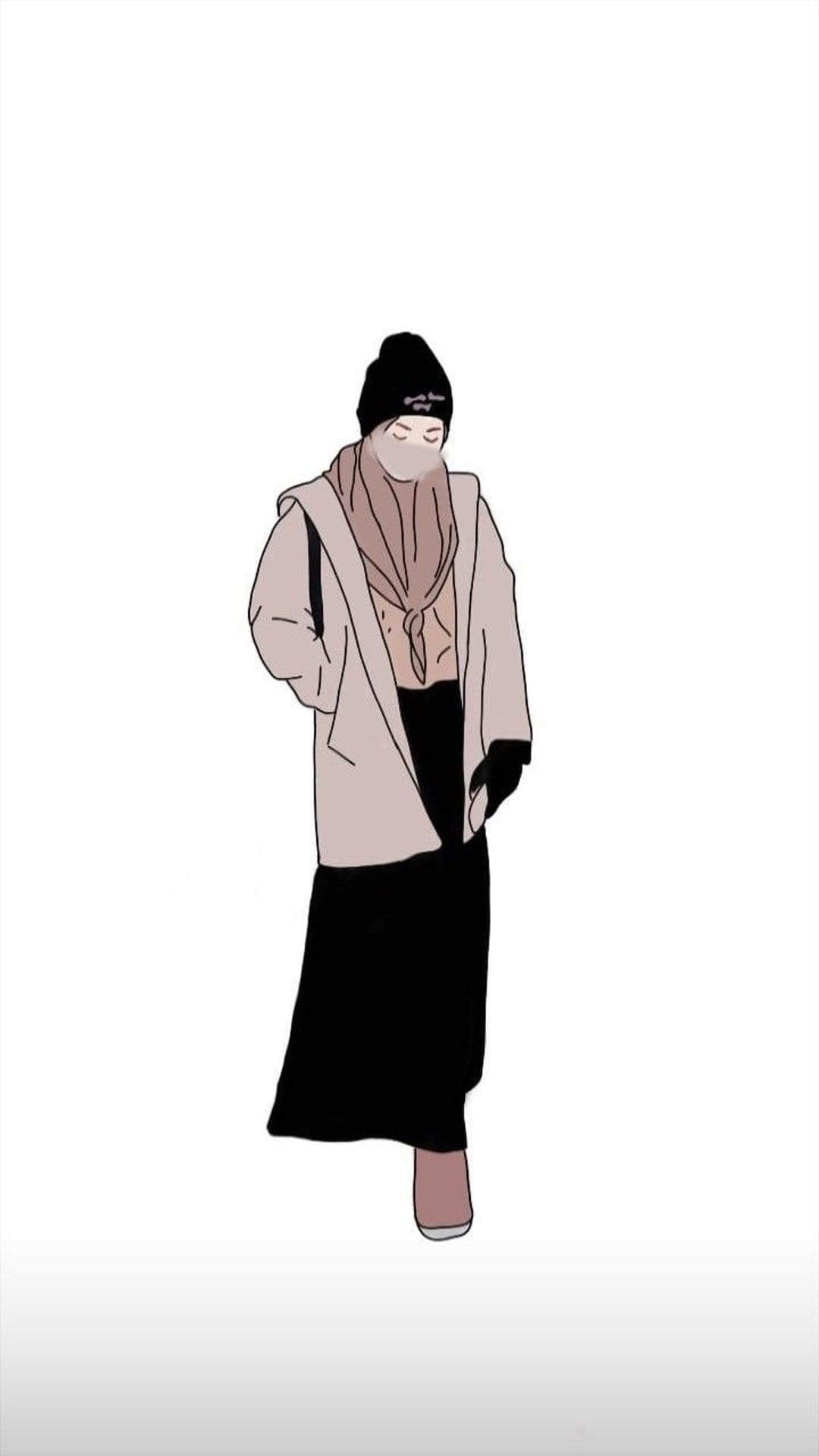 Woman wearing a hijab, beanie, and long winter coat stands in a minimalist pose showing modest fashion layers.