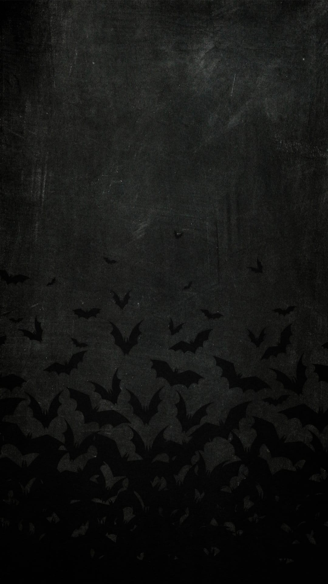 Black bats in a dense swarm fly across a dark, textured background with a weathered, vintage grunge aesthetic.