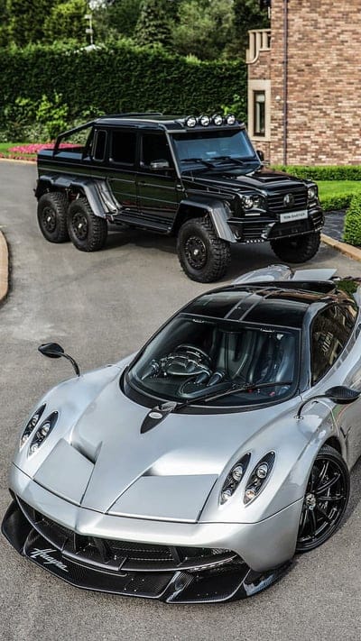 Luxury driveway, black, car, gclass, huayra, hypercar, mercedes, pagani, silver, mobile wallpaper, android wallpaper, iPhone wallpaper, phone wallpaper