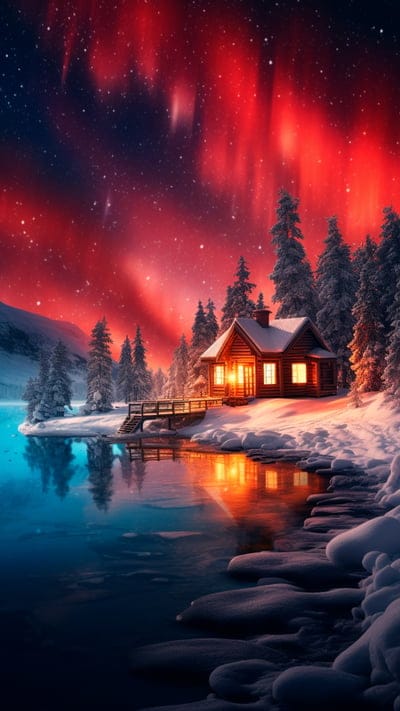northern light,house,lake,winter,snow,dark