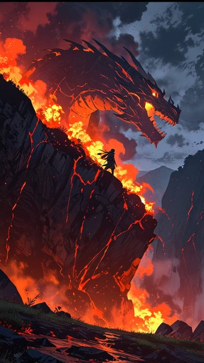 Lone human silhouette faces a massive dragon emerging from a pool of glowing orange lava on a dark cliff.