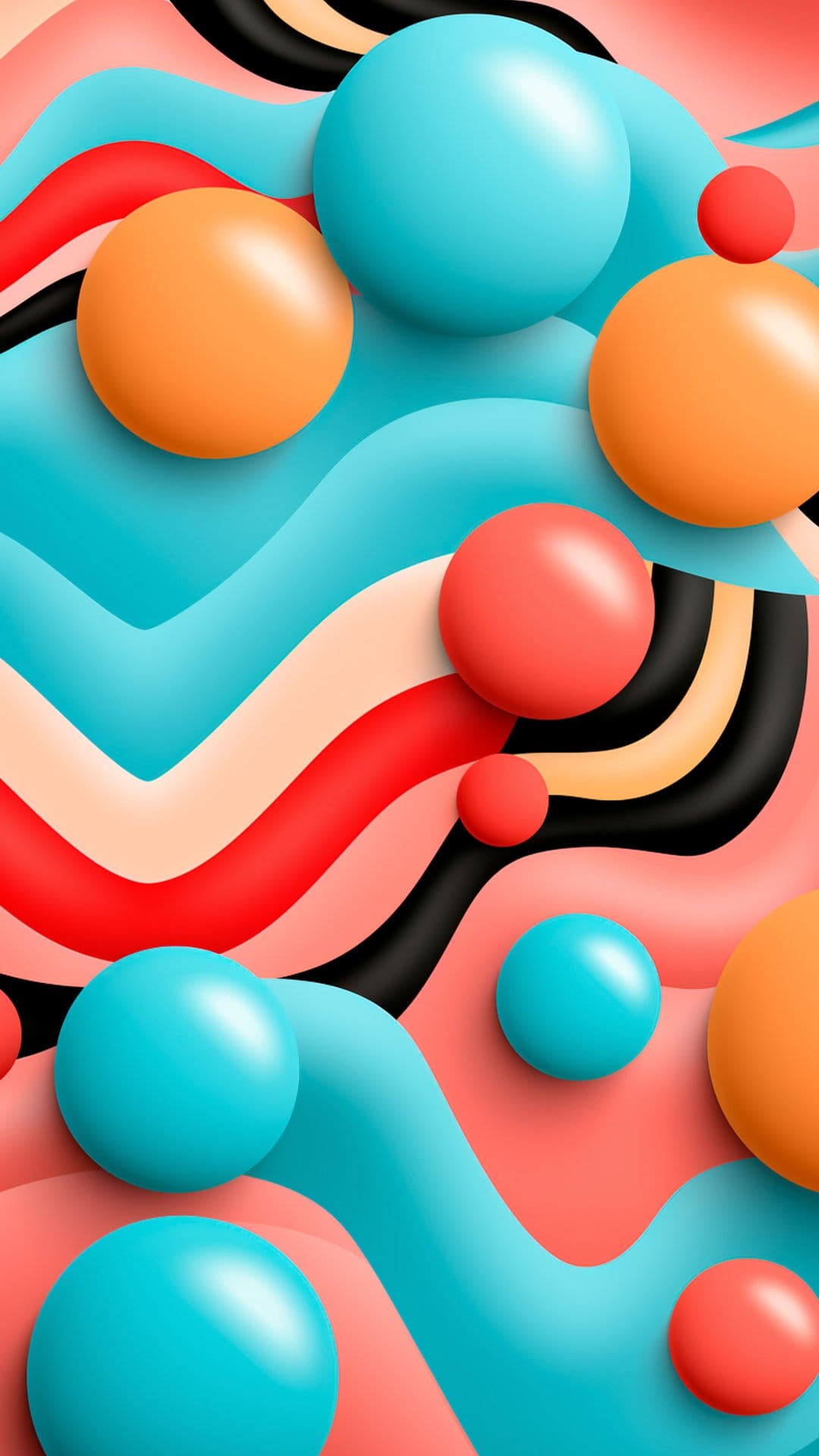 Blue, coral, and orange undulating waves weave between smooth, colorful 3D spheres with soft shadow depth.