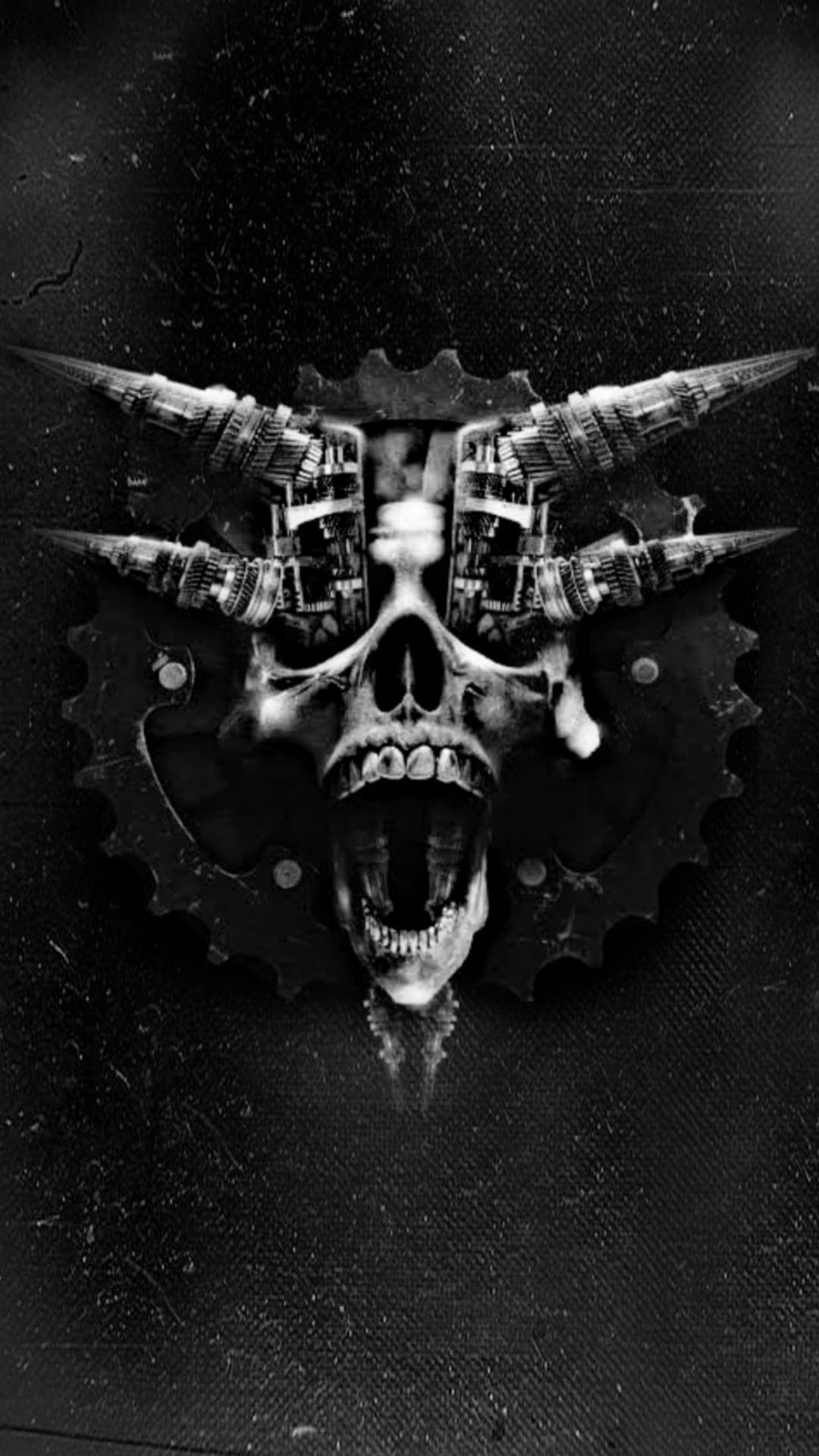 Mechanical skull with gears and spikes screams upward, featuring detailed metallic textures in black and white.