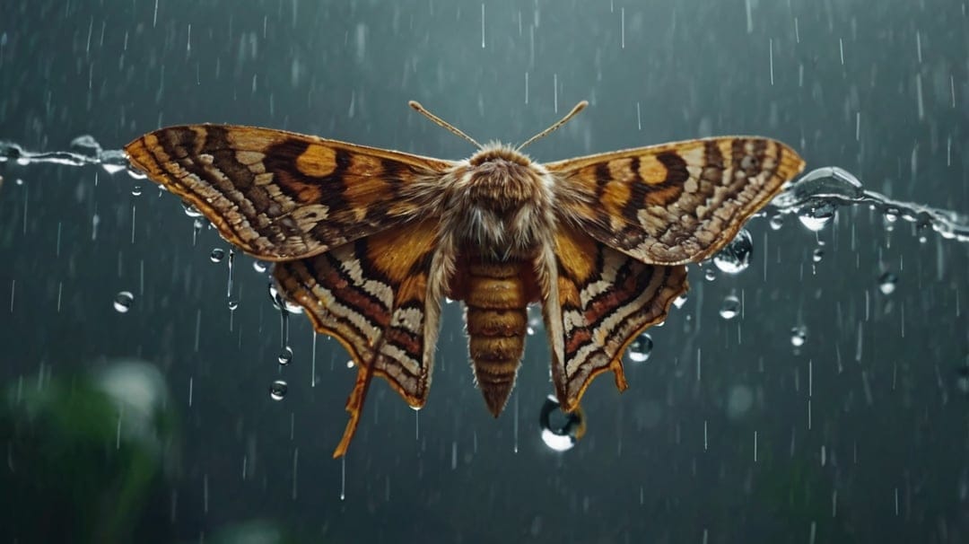 Moth with orange and brown patterned wings clings to a thin wire while heavy raindrops fall in the background.