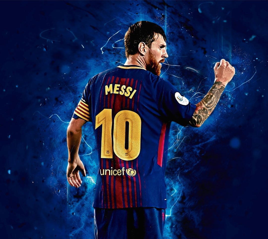 Lionel Messi in a Barcelona number ten jersey stands against a smoky blue background with bright glowing light.