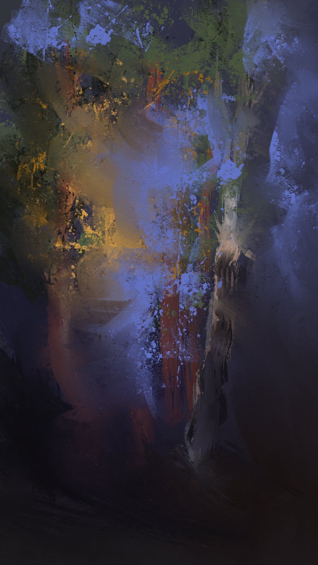 Midnight blue and purple paint splatters mix with gold flecks across a dark, heavily textured vertical surface.