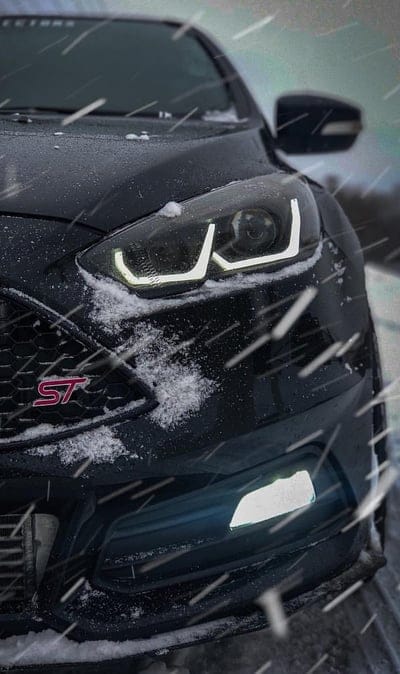 Ford Focus ST Snow, car, dark, ford, ford focus, ford focus st, headlights, led, logo, snow, st, mobile wallpaper, android wallpaper, iPhone wallpaper, phone wallpaper