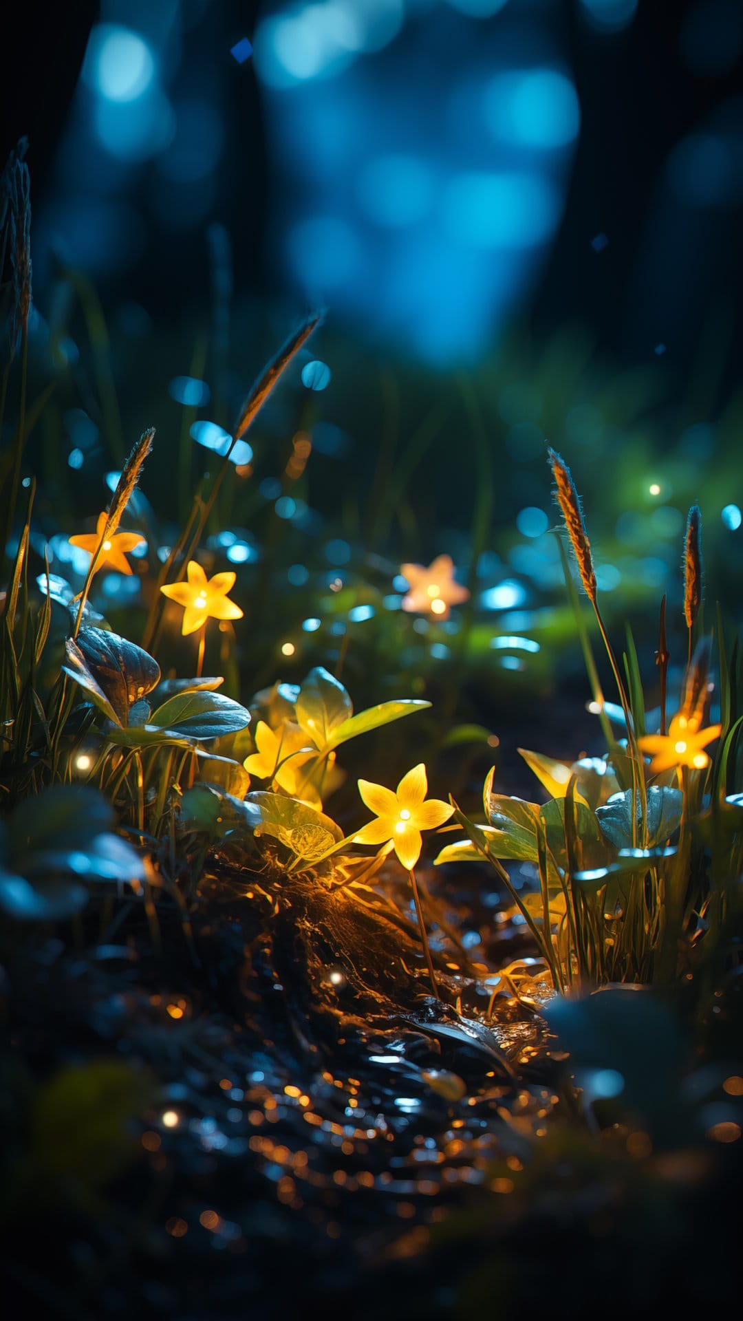 Luminous yellow flowers glow on a dark forest floor with soft bokeh lights and blue shadows in the background.