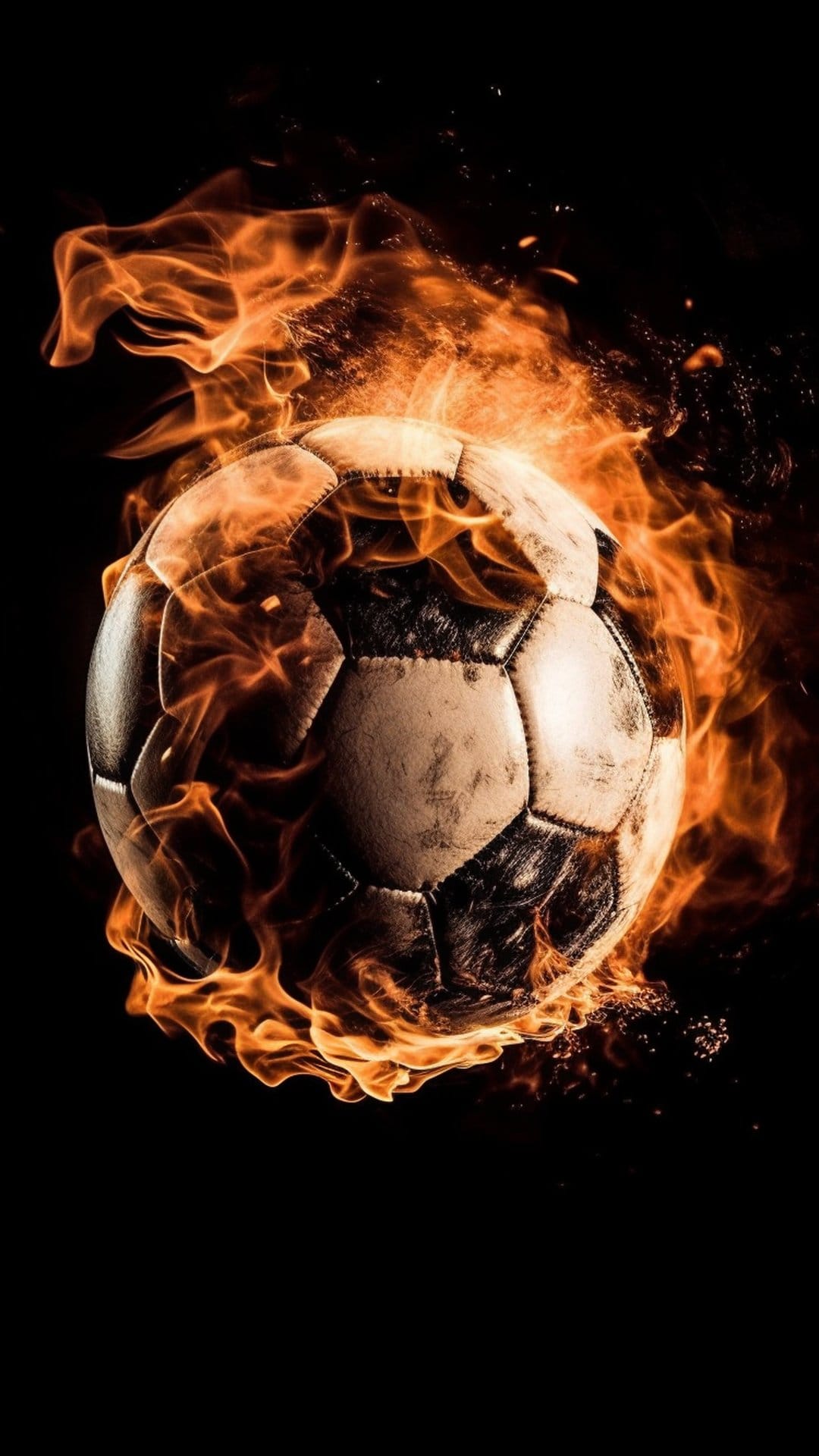 Soccer ball engulfed in roaring orange flames and glowing embers set against a high-contrast black background.