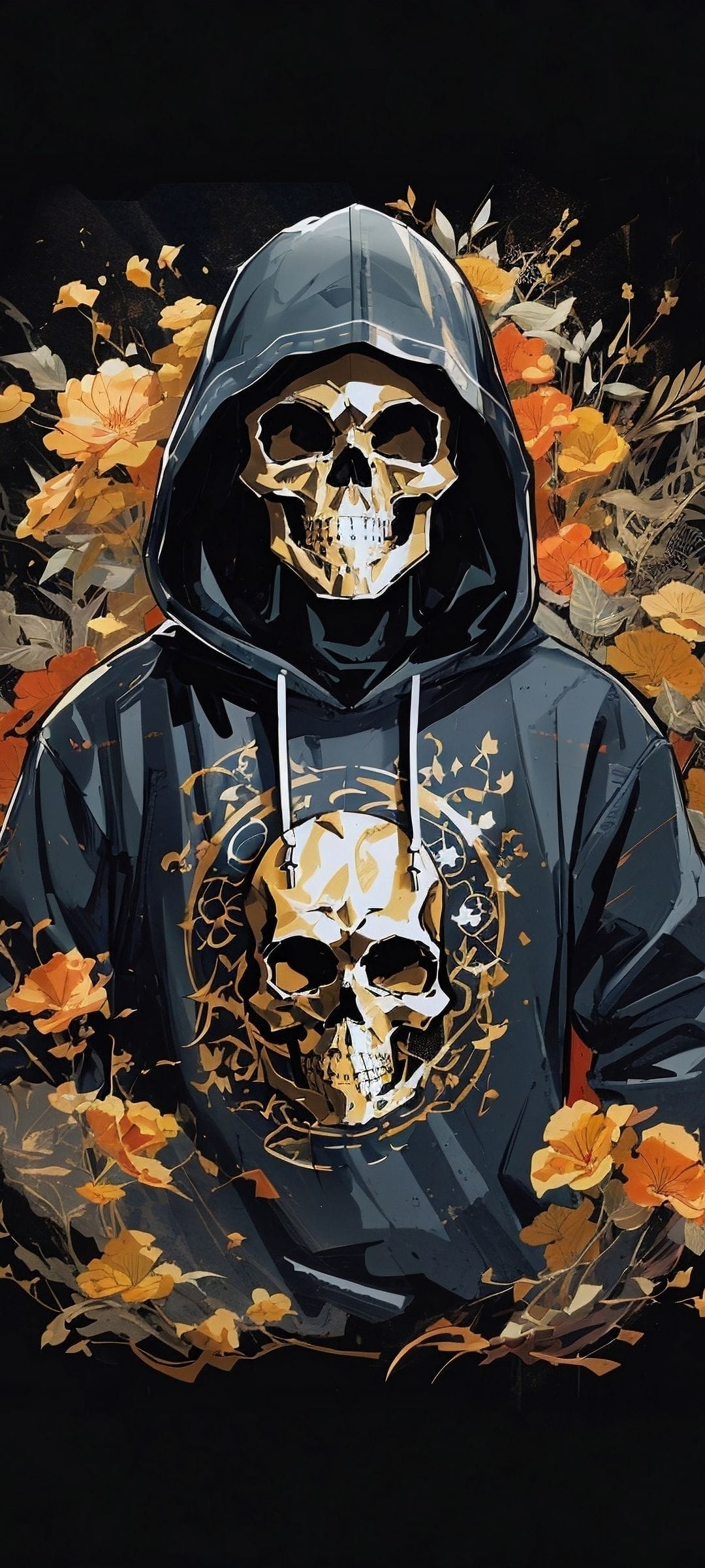 Skeletal figure wearing a dark hoodie with a golden skull emblem surrounded by bright orange and yellow flowers.