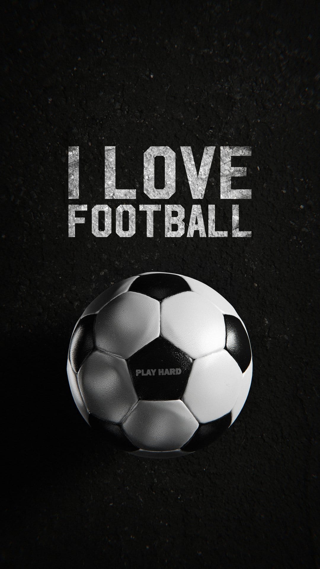 Soccer ball with Play Hard text rests below distressed silver lettering on a dark, textured vertical background.