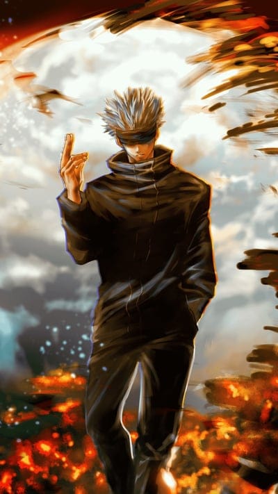 Satoru Gojo, Jujutsu Kaisen, anime, character, powerful, white hair, blindfold, technique, iconic, sorcerer, fan art, menacing, cool, manga, limitless, Gojo, sensei, destruction, fire, dynamic