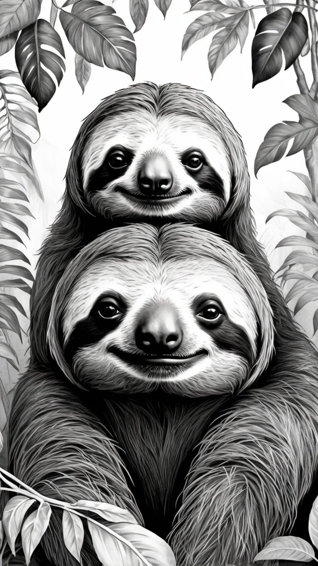 Two smiling sloths huddle together among large tropical leaves in a detailed black and white nature scene.