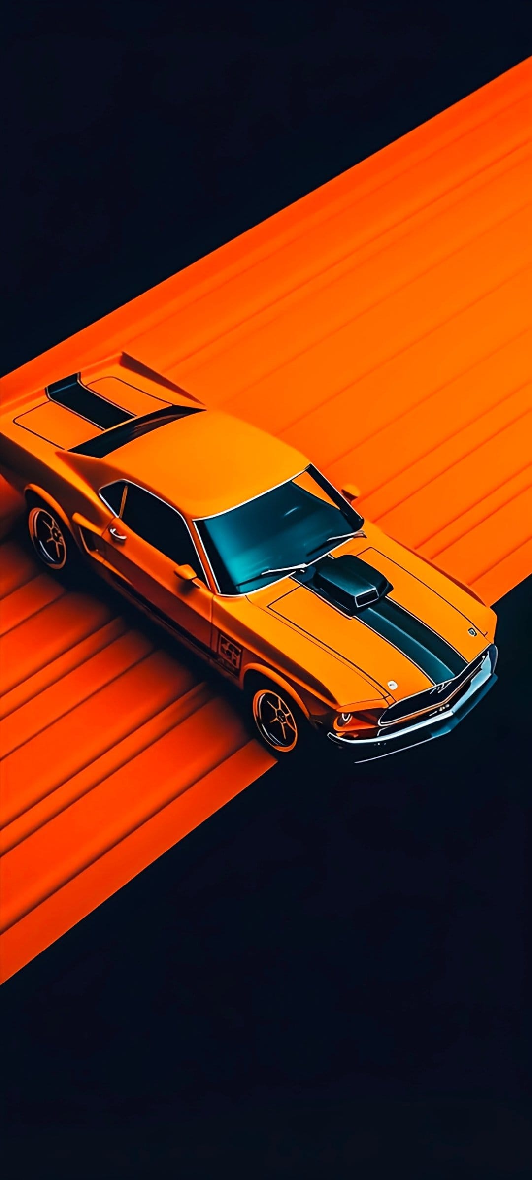 Orange 1969 Mustang Boss 302 with black stripes on a geometric orange and black background in a high-angle view.