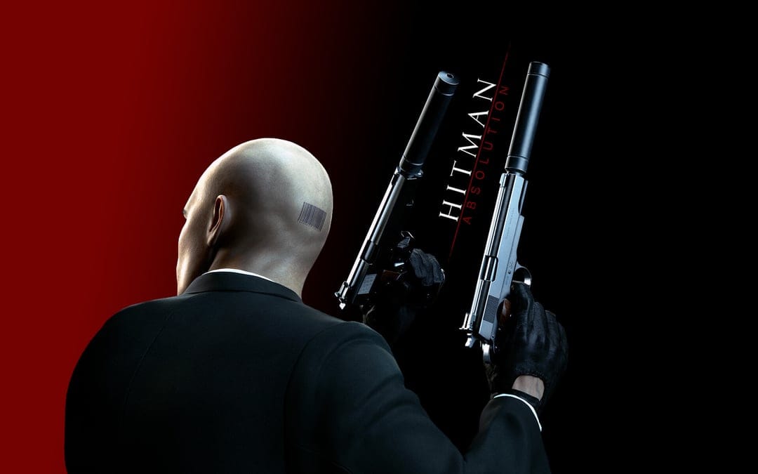 Agent 47 from Hitman holding dual suppressed pistols against a red and black background with a visible barcode.