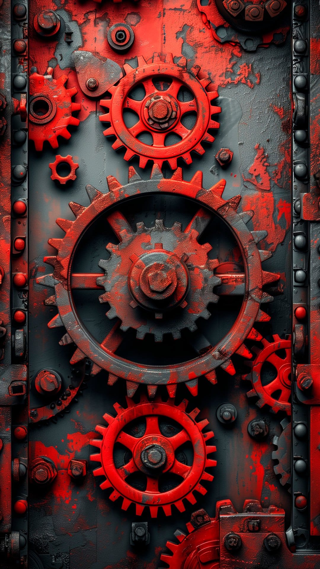 Interlocking red and gray industrial gears with rusted surfaces and metallic bolts in a vertical composition.