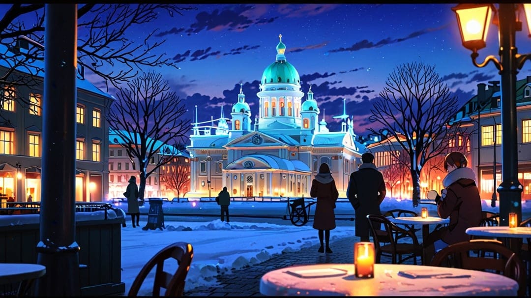 Ornate illuminated buildings and a domed cathedral overlook a snowy European square with streetlights at night.
