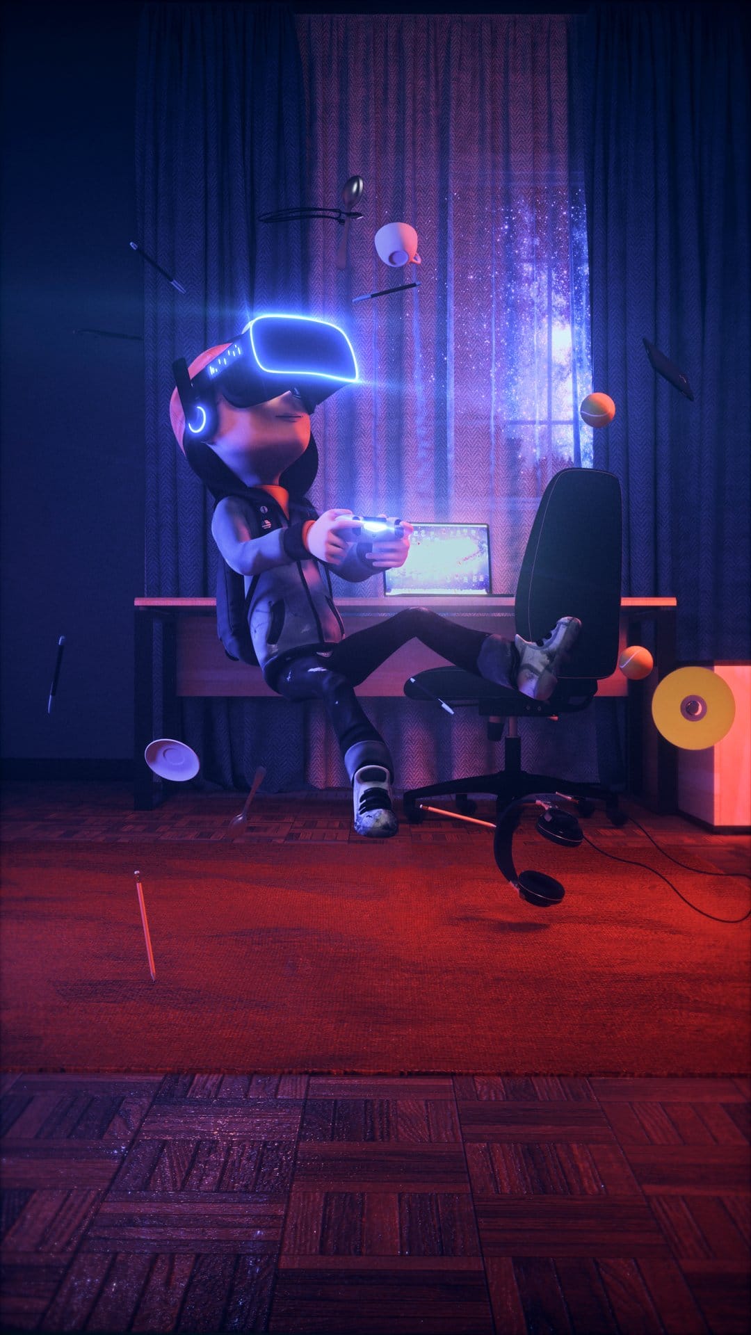Gamer in a glowing VR headset sits in a floating chair amidst suspended objects in a surreal bedroom.