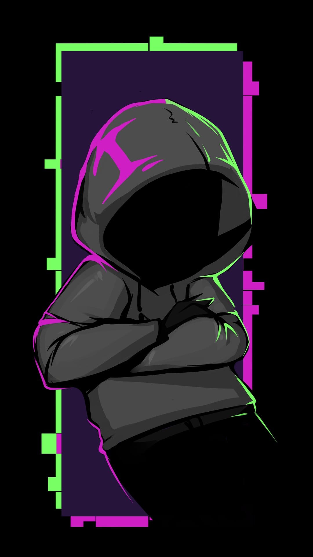 Hooded figure with crossed arms stands against a black void filled with neon pink and green geometric glitch patterns.