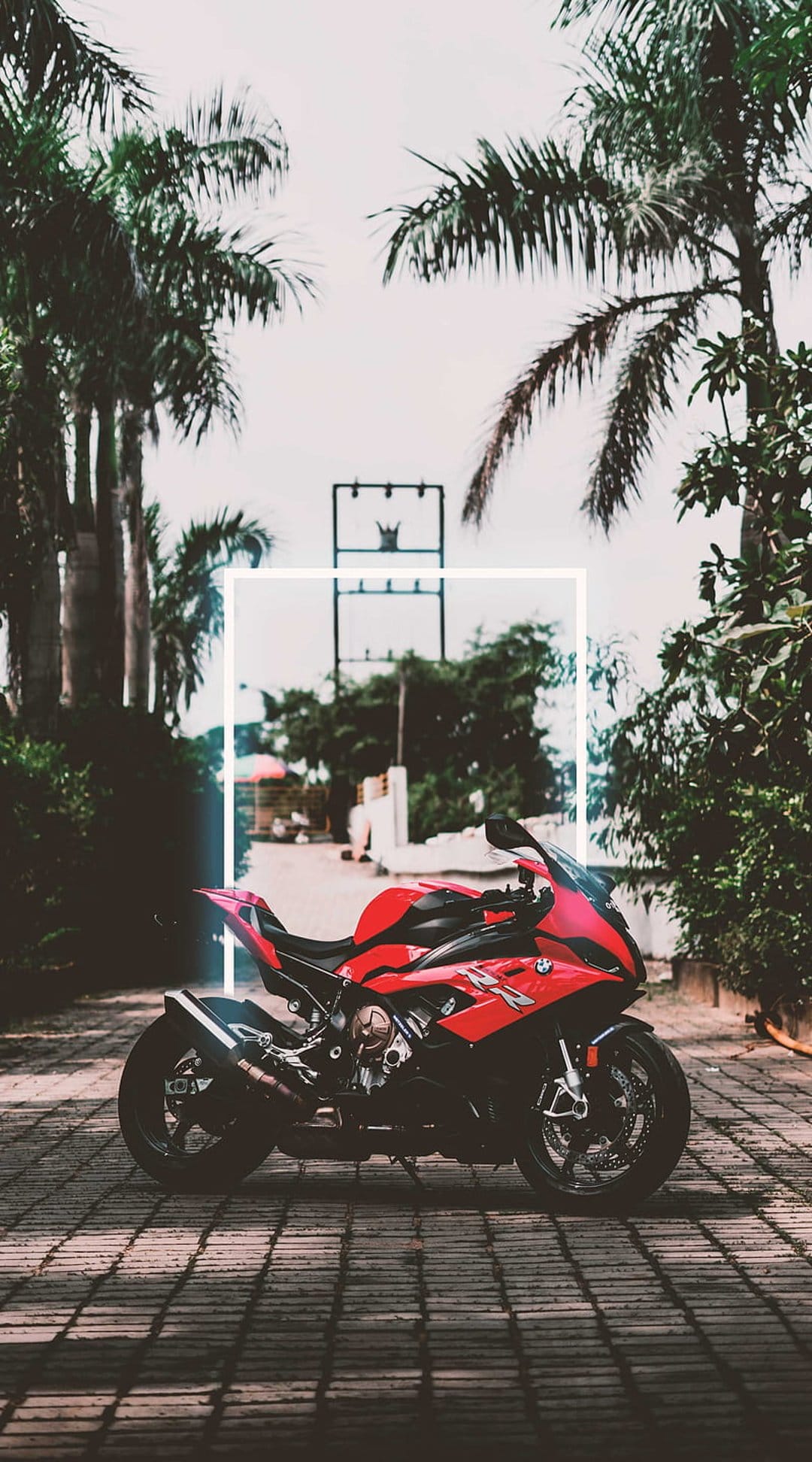 Red BMW S1000RR motorcycle parked on a brick path surrounded by green palm trees in a tropical summer setting.
