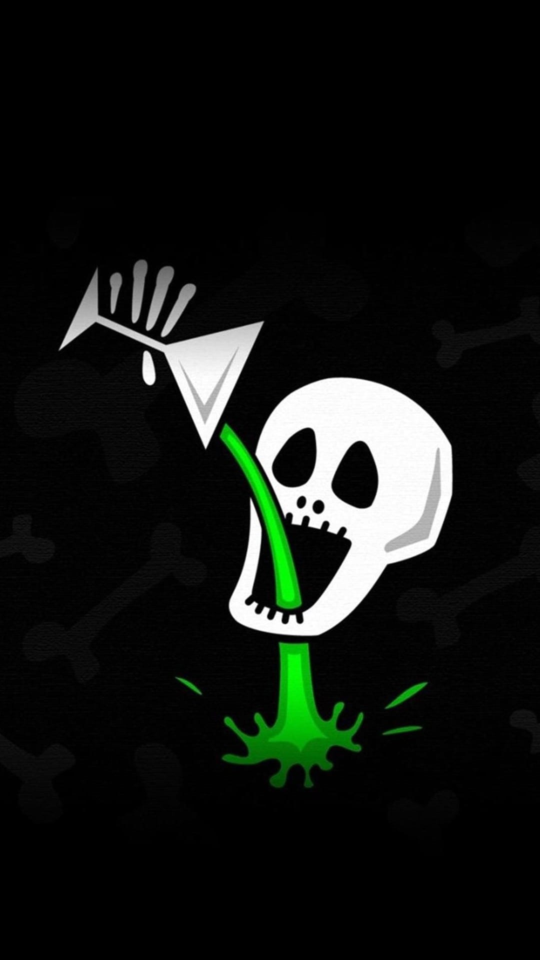 White skull with mouth open receiving green liquid from a glass against a dark background with bone patterns.