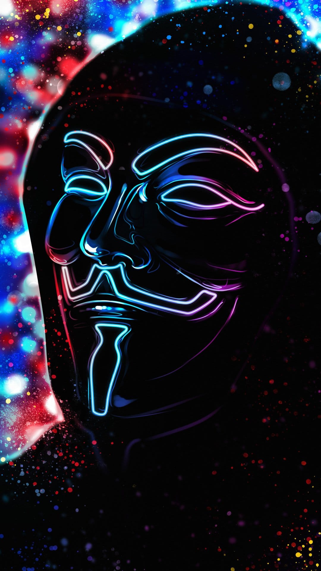 Anonymous mask with neon pink and blue glowing edges centered in a colorful space nebula with red star dust.