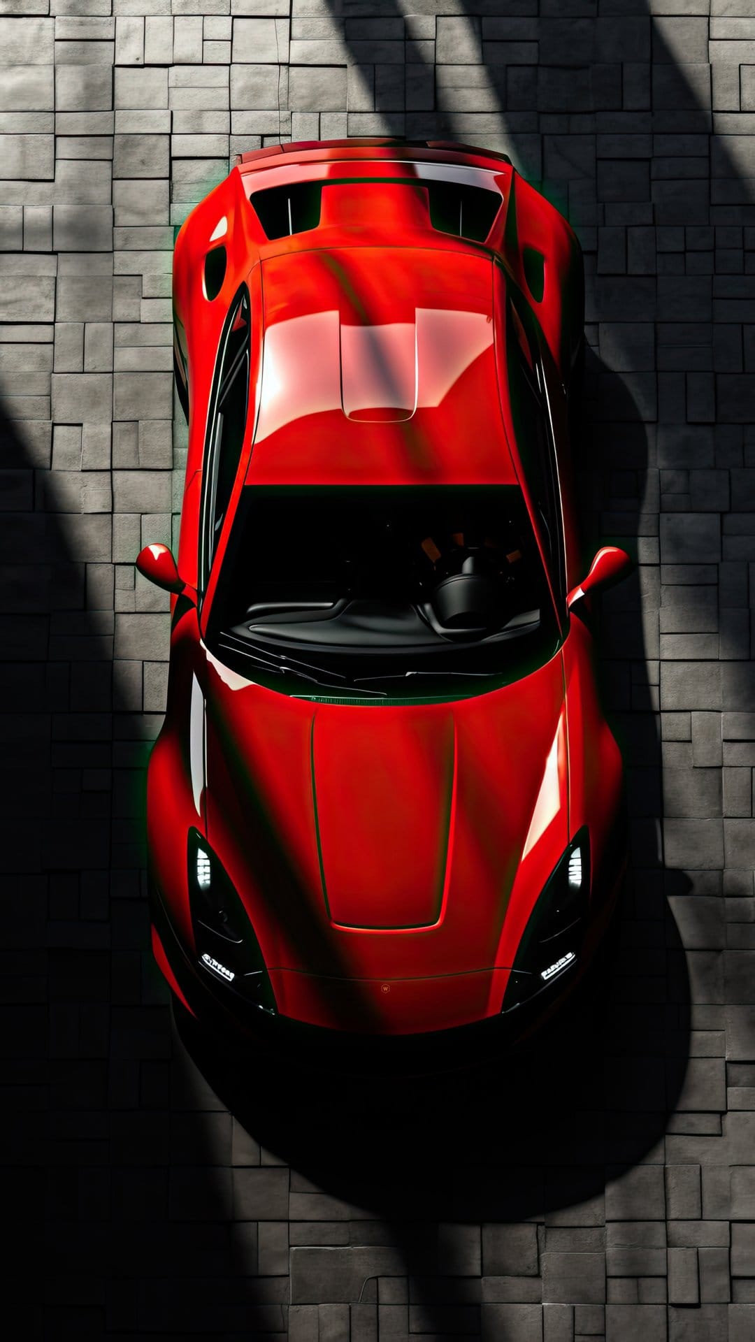 Red sports car viewed from above on gray stone tiles with dramatic shadows and a reflective glossy finish.