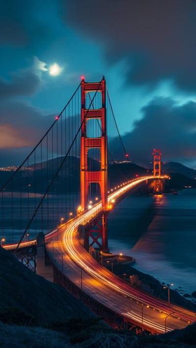 bridge,lights,river,long exposure,mountains