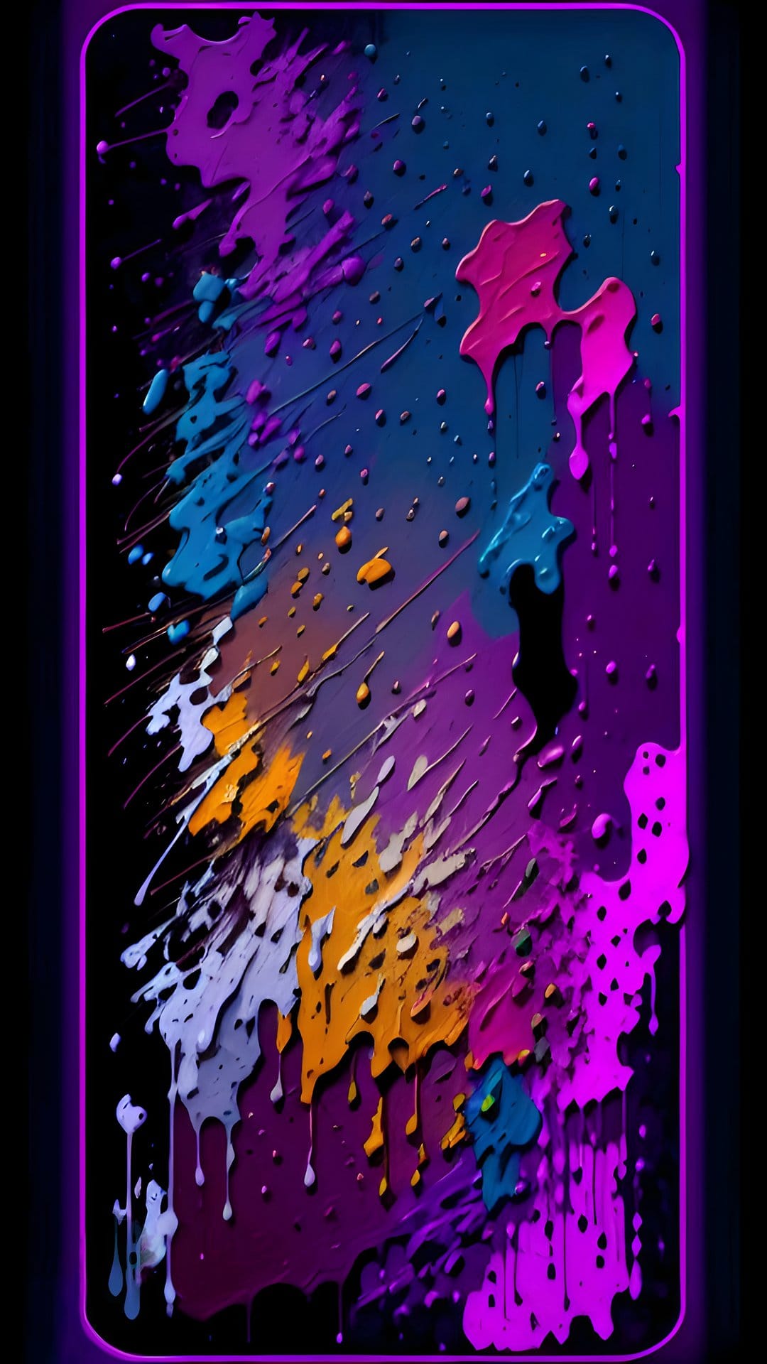 Luminous purple, blue, and orange paint splatters and thick drips contrast against a dark textured background.