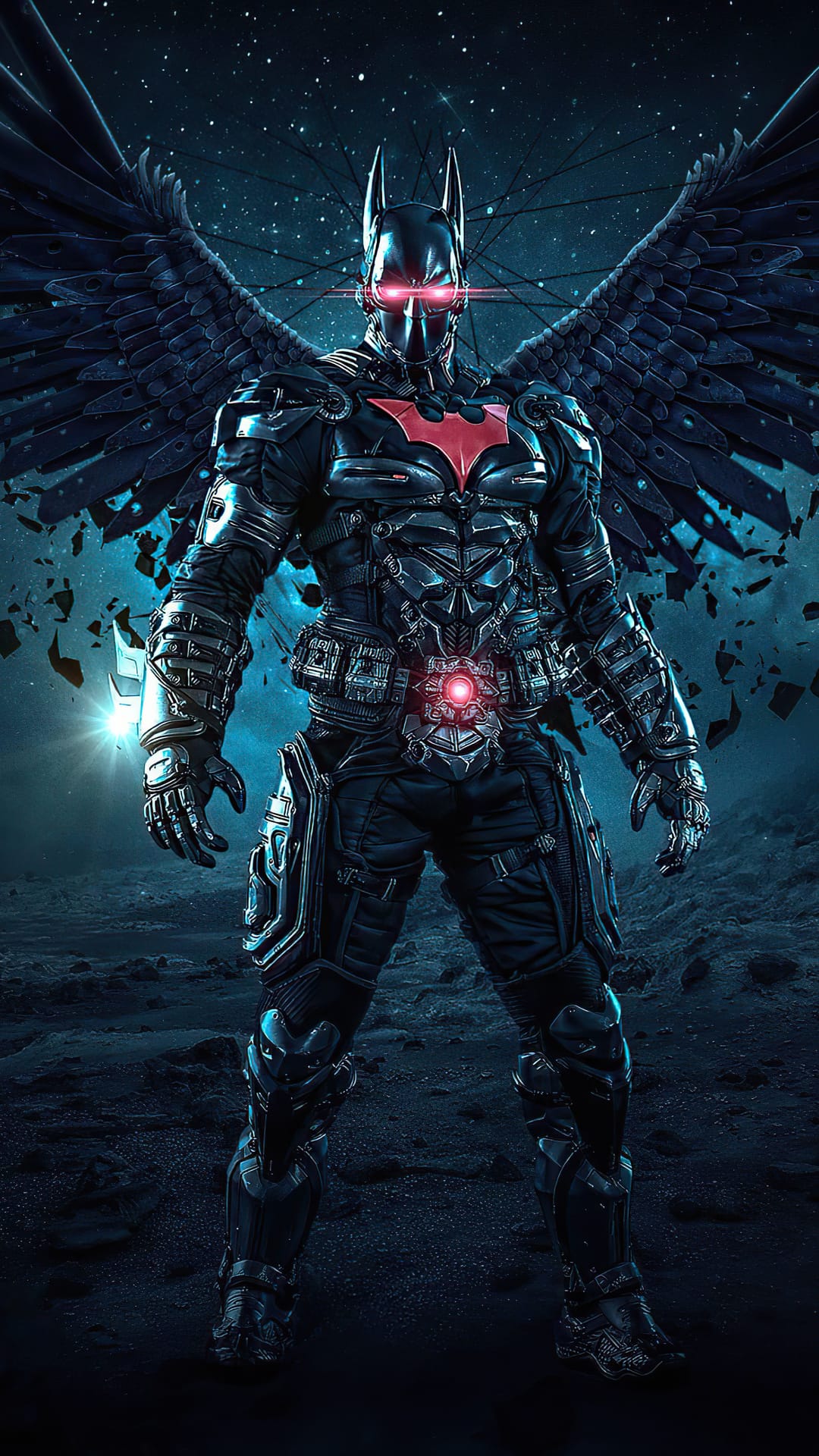 Batman in black tactical armor with large feathered wings, glowing red eyes, and a red chest emblem in space.