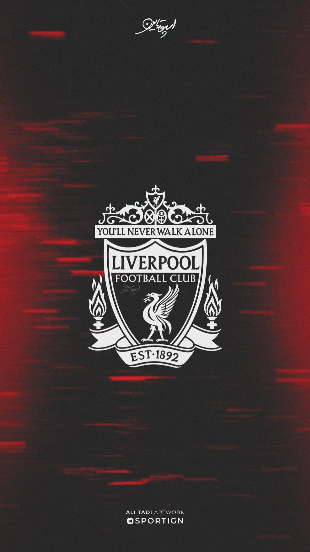 Liverpool FC crest with the liver bird centered on a dark textured background with red streaks and highlights.