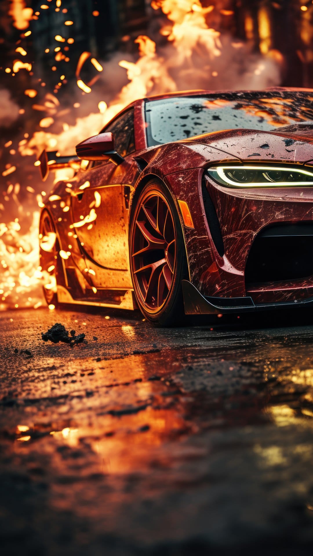Crimson sports car racing through orange fireballs and flying debris on a rain-slicked nocturnal road surface.