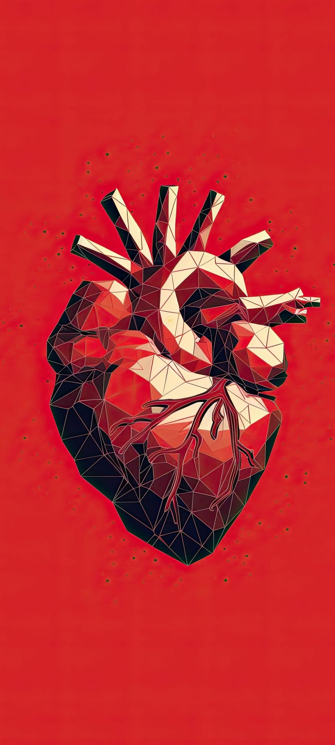Human heart with a geometric low-poly structure in red and cream tones centered on a textured crimson background.