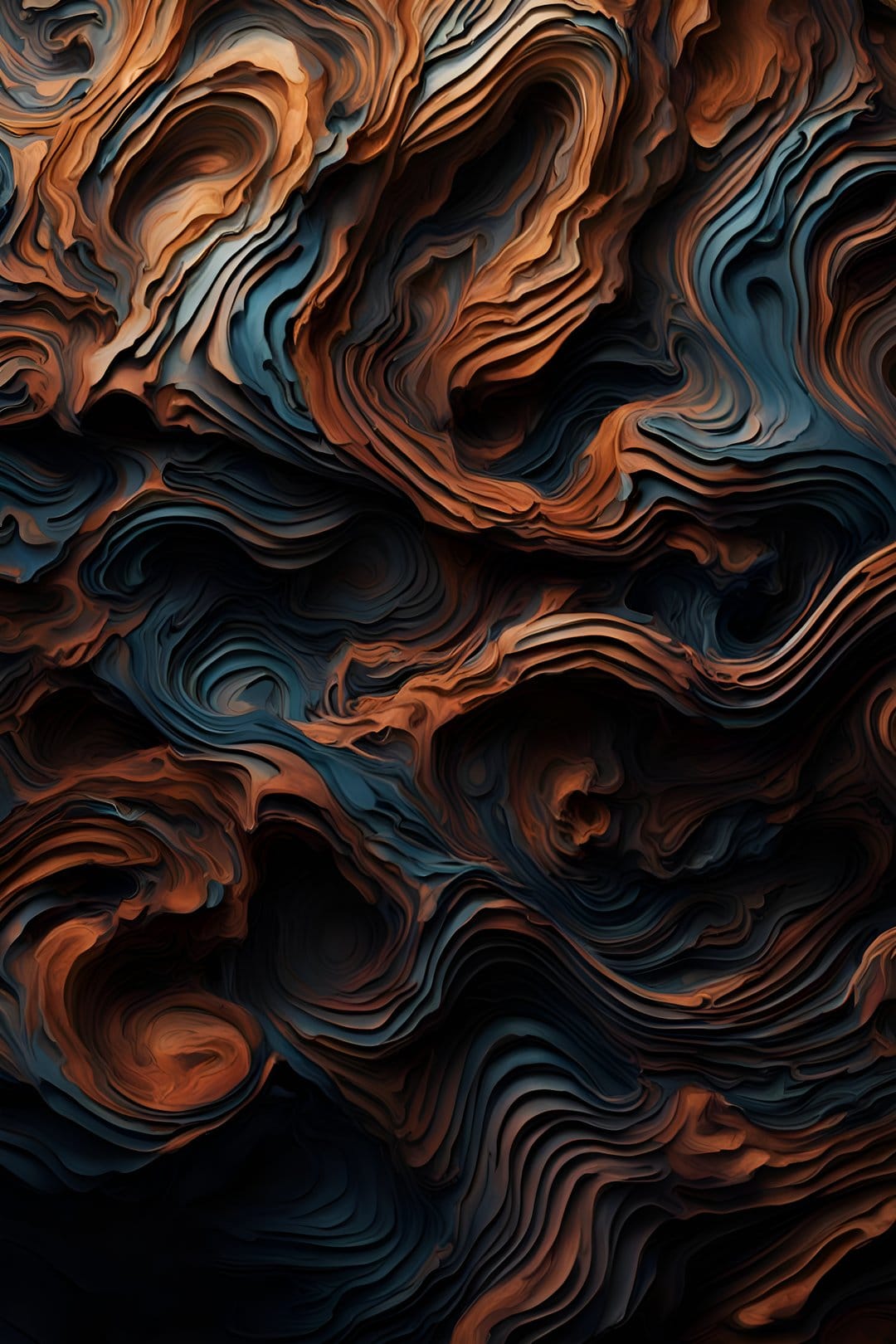 Flowing layers of metallic copper and teal swirl together in a topographical organic pattern with deep textures.
