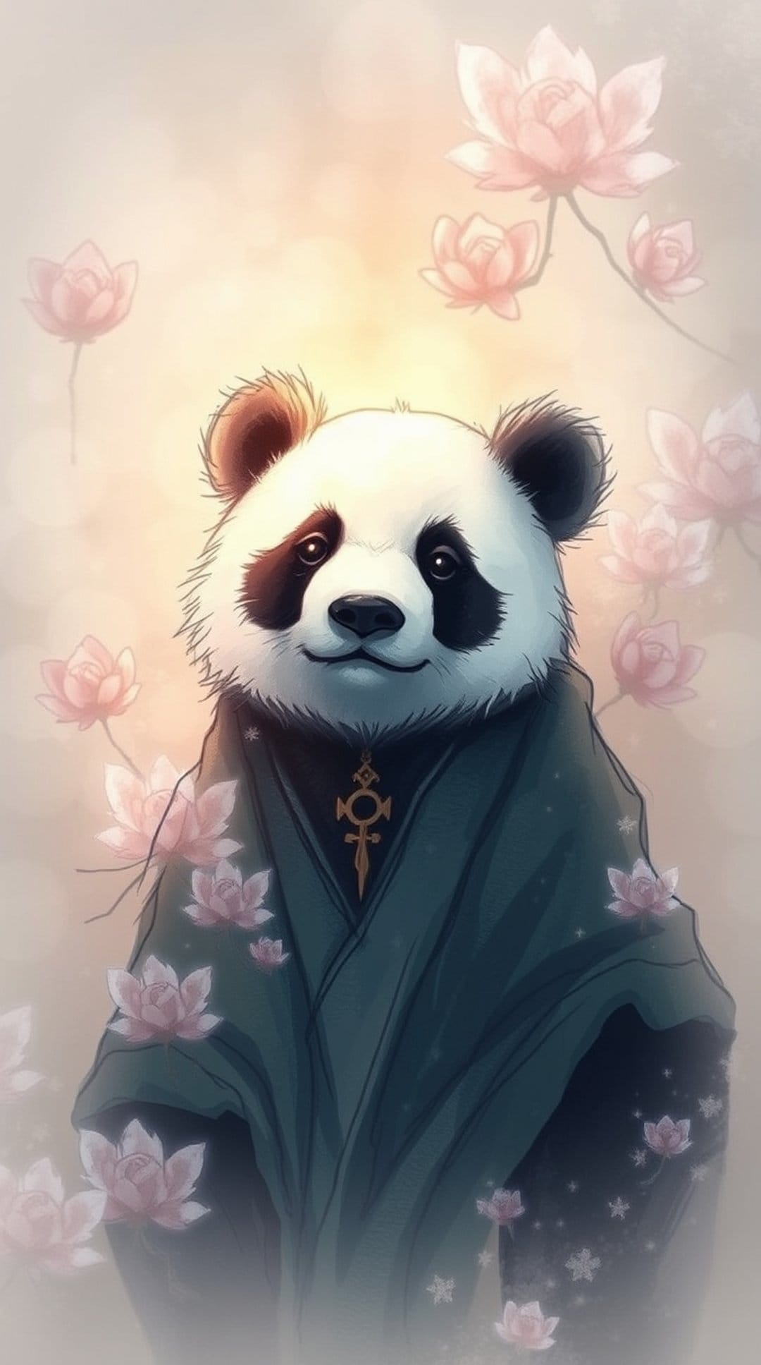 Panda in dark robes with a gold amulet meditates among pink lotus flowers in a soft, misty garden setting.