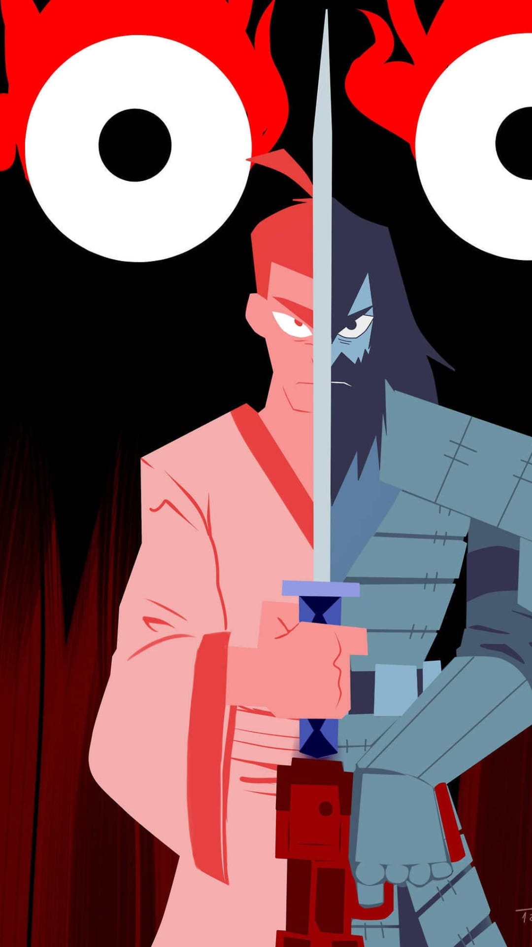 Samurai Jack split between his pink robe and blue armor with a vertical sword and glowing red eyes behind him.