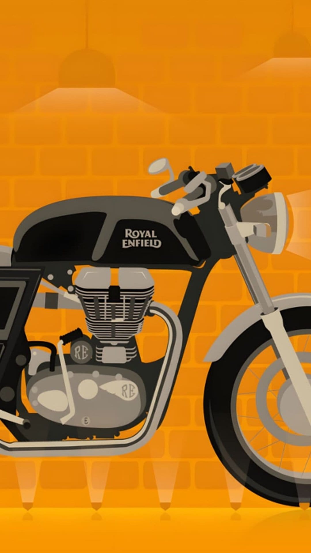 Royal Enfield motorcycle with a chrome engine and black frame parked against a warm orange brick wall.