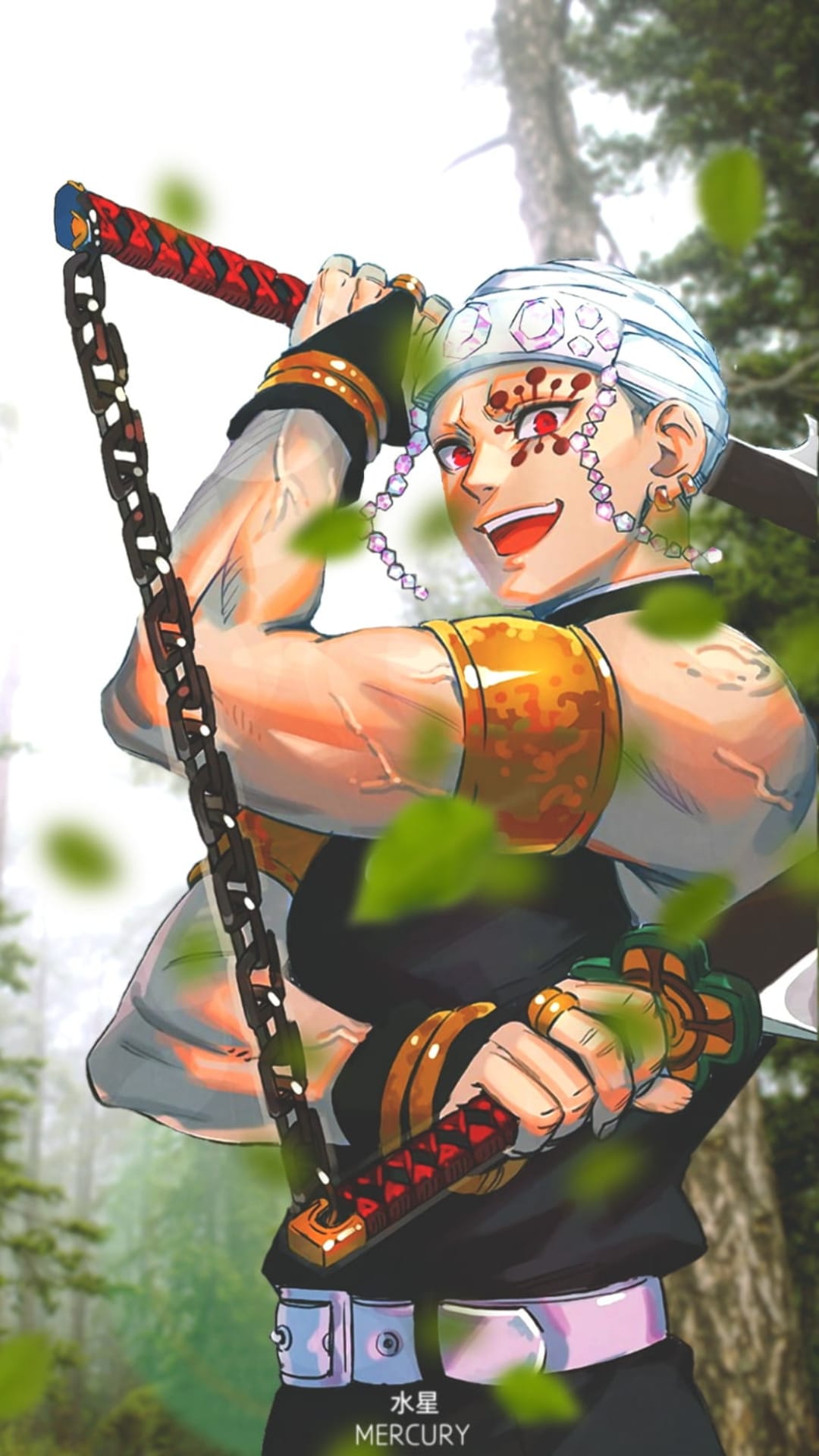 Tengen Uzui leaps forward with dual Nichirin swords in a forest, his silver hair and gems gleaming in the light.