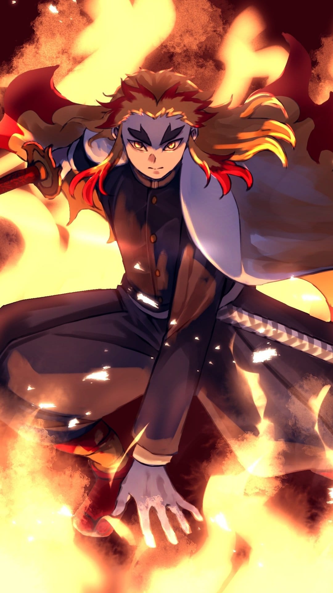 Kyojuro Rengoku stares forward with a determined gaze while surrounded by swirling orange and yellow fire embers.