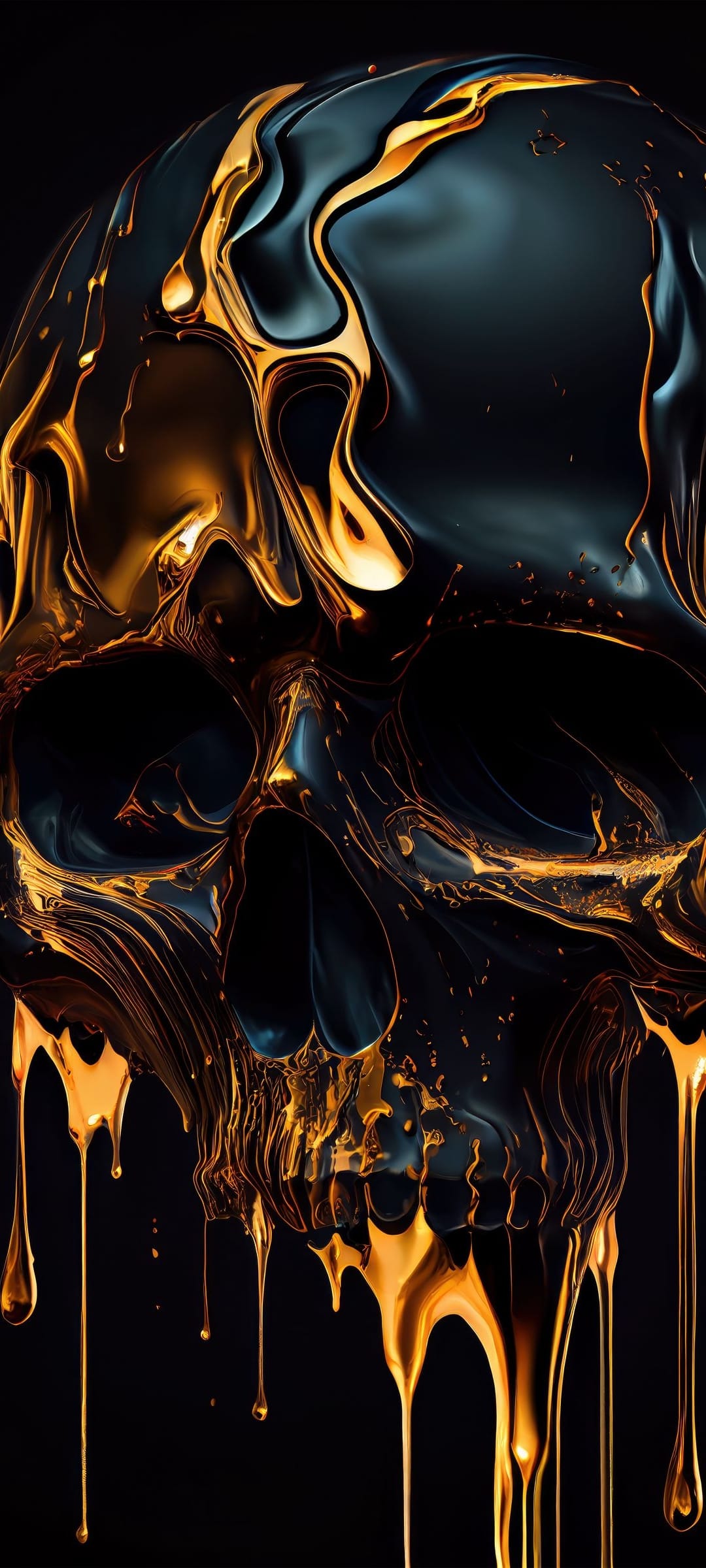 Molten gold skull with viscous liquid dripping from the jaw against a solid black background in portrait view.