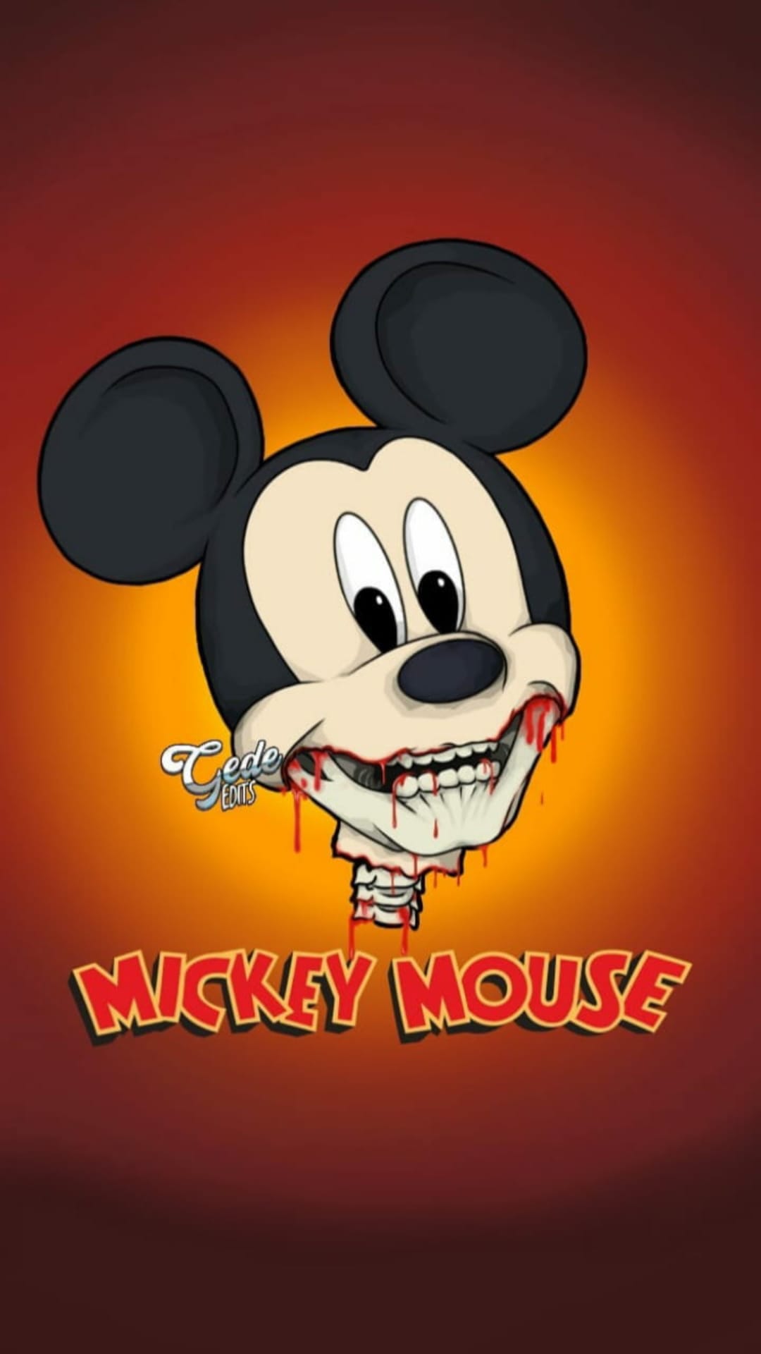 Mickey Mouse skeleton with a dislocated jaw and red blood dripping against a dark gradient background.
