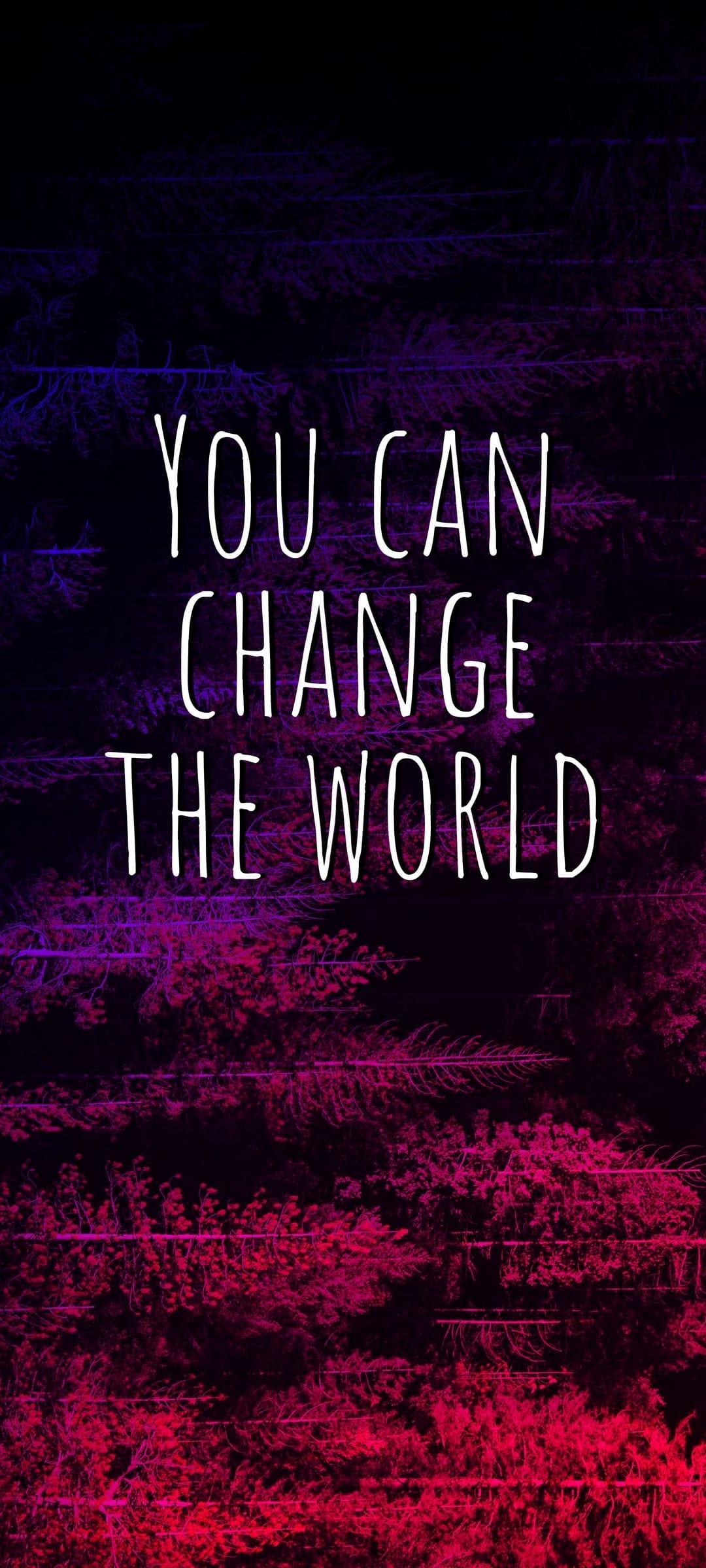 Bold white quote reading You Can Change the World centered over dark purple and pink abstract tree branch patterns.