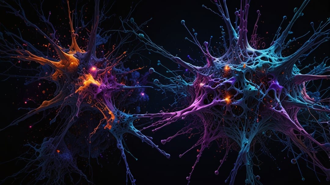 Interconnected glowing nodes and violet neural filaments pulses with energy against a dark, shadowy background.