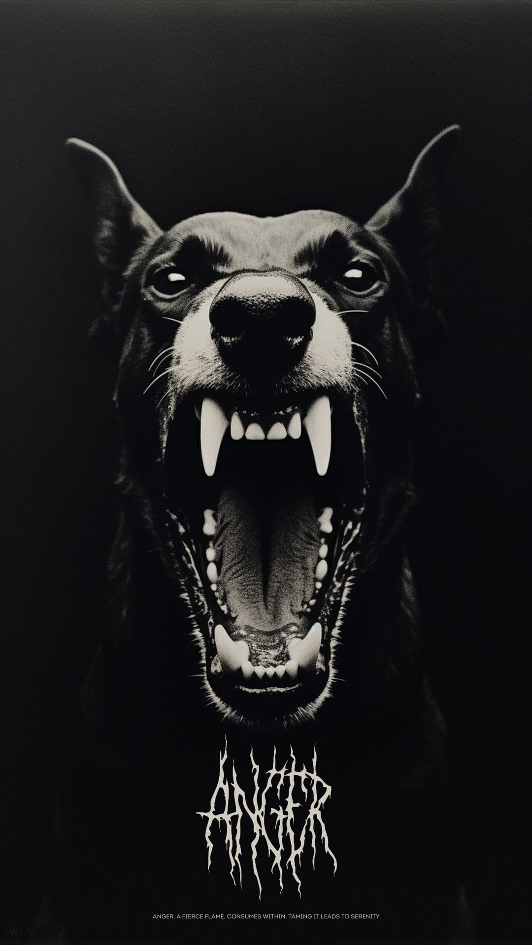 Snarling dog with bared fangs and glowing white eyes under the word anger in a dripping, stylized font.