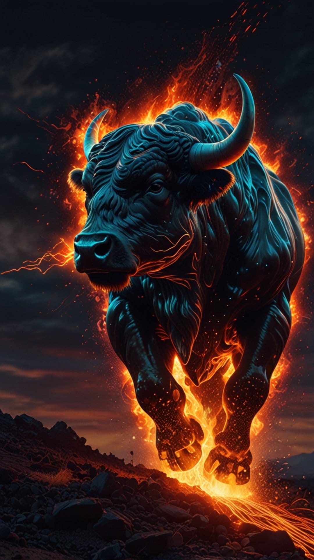 Powerful black bull engulfed in orange flames charges across a field of glowing molten lava under a dark sky.