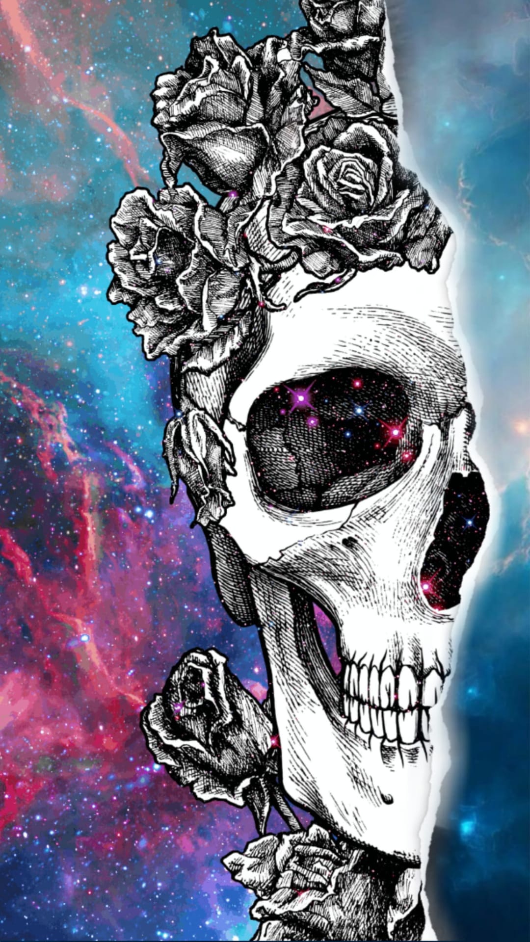 Human skull adorned with dark roses featuring galaxies inside the eye sockets against a colorful starfield.
