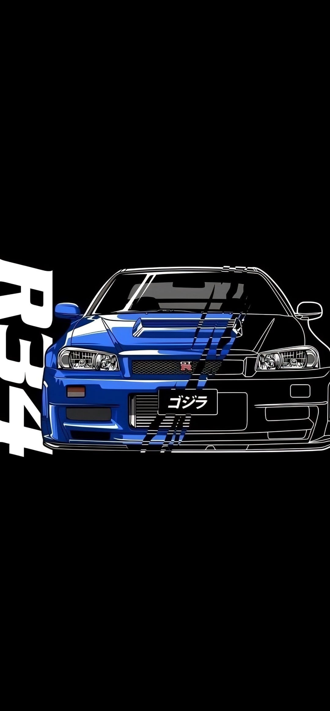 Nissan Skyline GT-R R34 Godzilla with blue paint, white vector outlines, and a Japanese character license plate.